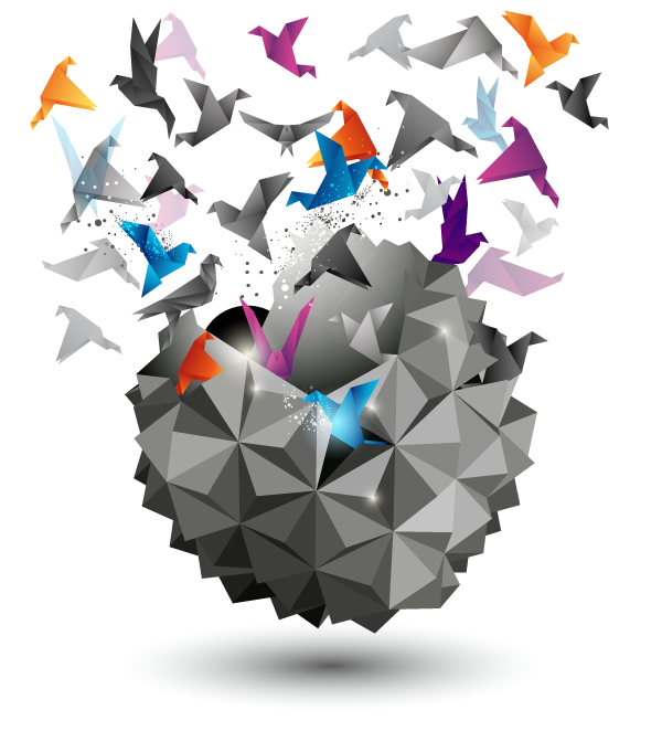 Eine geometrische, facettierte graue Kugel platzt wie eine innovative Softwarelösung auf und gibt einen Wirbel aus bunten, papierähnlichen Vögeln in Orange-, Blau-, Lila- und Rosatönen vor einem hellen Hintergrund frei – eine lebendige Metapher für nahtlose virtuelle Zusammenarbeit.