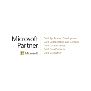 Microsoft Partner-Logo mit dem Microsoft-Emblem. Text: „Gold Application Development, Gold Collaboration and Content, Gold Data Analytics, Gold Data Platform, Gold Datacenter.“ Ideal für Unternehmen, die ihre IT-Infrastruktur verbessern oder virtuelle Zusammenarbeit fördern. Weißer Hintergrund.