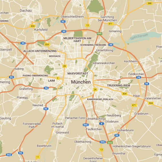 Karte von München und Umgebung mit Straßen, Stadtteilen und Parks. Wichtige Orte sind Maxvorstadt, Milbertshofen-Am Hart und Trudering-Riem. Hauptstraßen wie die A9, A8 und A99 sind sichtbar – ein perfekter Leitfaden für die Erkundung, egal ob Sie zu Fuß unterwegs sind oder MS Stream zur Navigation verwenden.
