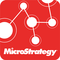 Logo von MicroStrategy auf rotem Hintergrund, mit weißen, miteinander verbundenen Kreisen und Linien, die den nahtlosen Fluss der virtuellen Zusammenarbeit symbolisieren.