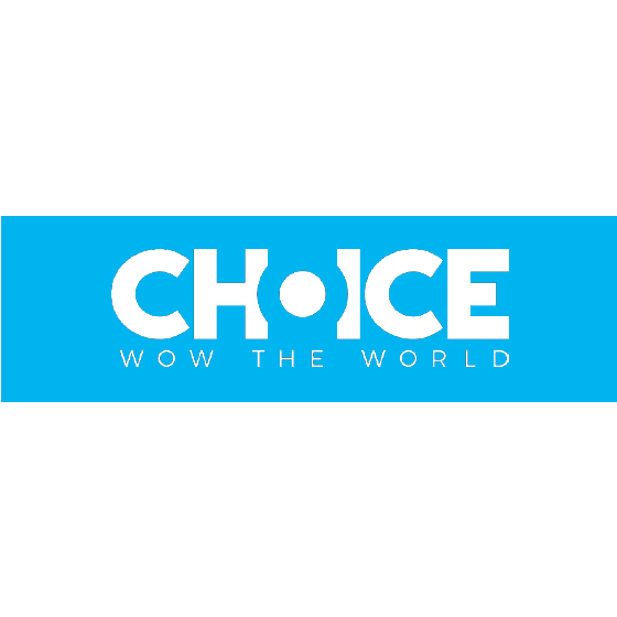 Logo von „CHOICE“ mit dem Slogan „WOW THE WORLD“ darunter, auf einem hellblauen Hintergrund, als Symbol für innovative Softwarelösungen.