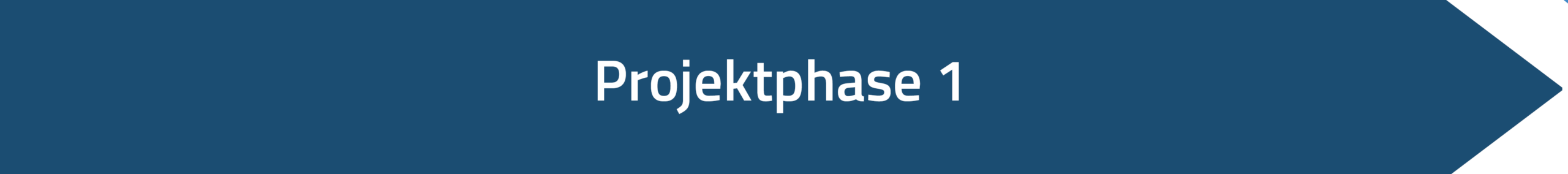 Blaues, pfeilförmiges Banner mit dem Text „Projektphase 1“ in Weiß, in der Mitte des Banners, der unsere Reise in innovative Softwarelösungen hervorhebt.