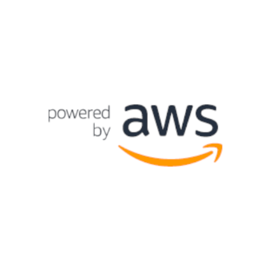 Das Bild zeigt den Text „powered by aws“ zusammen mit dem AWS-Logo, komplett mit einem stilisierten orangefarbenen Pfeil darunter, der innovative Softwarelösungen verkörpert.