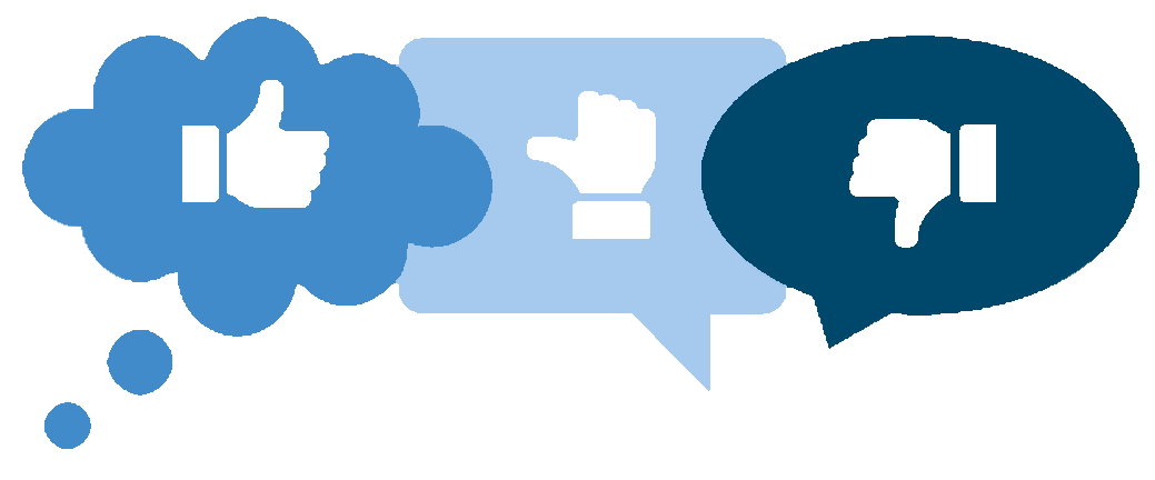 Drei Sprechblasen mit Daumensymbolen – ideal für die Verwaltung von Team-Feedback: eine blaue Blase mit einem Daumen nach oben, eine hellblaue Blase mit einem seitlichen Daumen und eine dunkelblaue Blase mit einem Daumen nach unten.