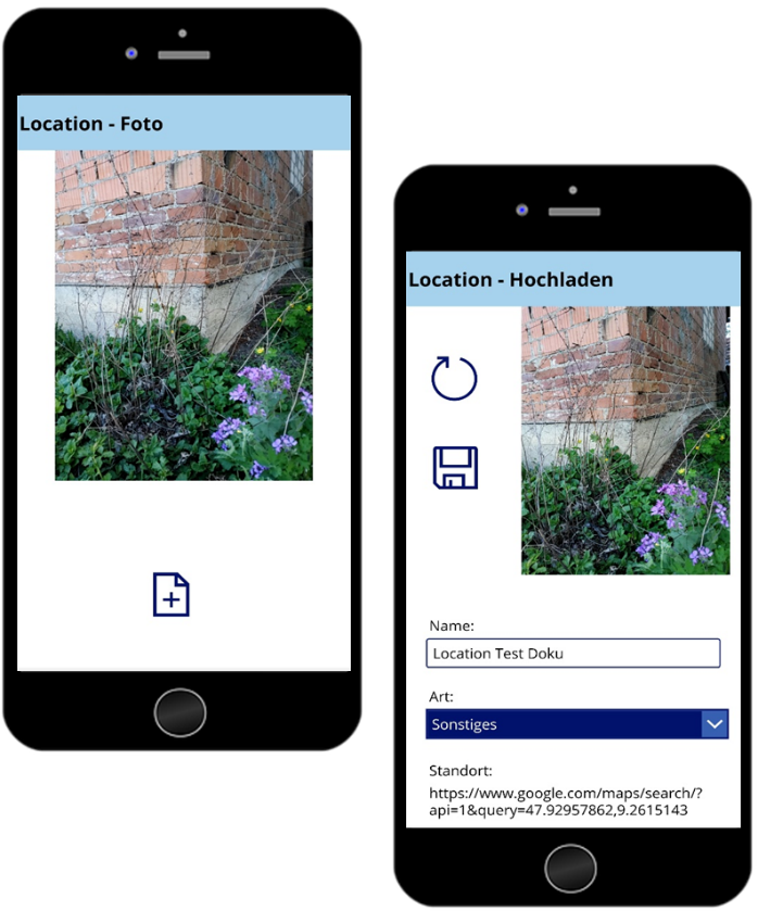 Zwei Smartphone-Bildschirme, auf denen Gabos App zu sehen ist. Der linke Bildschirm zeigt unter „Location - Foto“ lila Blumen neben einer Backsteinmauer. Der rechte, mit „Location - Hochladen“ betitelte Bildschirm zeigt dasselbe Bild mit Eingabefeldern für Name, Kategorie und Standortdetails – eine effiziente Software-Lösung für nahtlose Uploads.