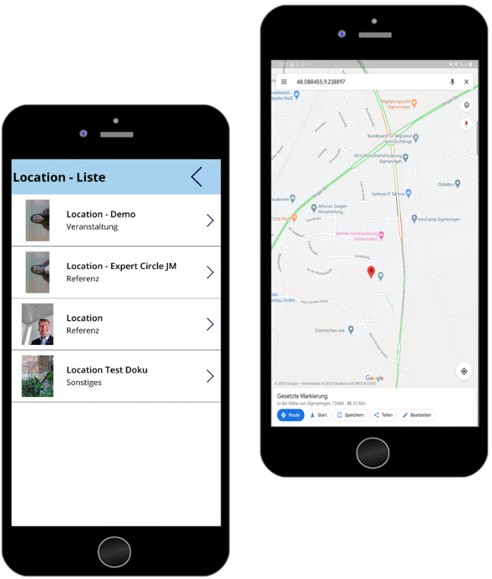Zwei Smartphone-Bildschirme: Links wird eine Liste von Standorten mit Bildern und Text angezeigt; rechts wird eine Karte mit markierten Standorten und umliegenden Straßen angezeigt, optimiert für die Verwaltung von Teams.