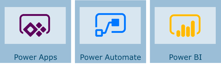Es werden Symbole für Softwareprodukte angezeigt. Das erste Symbol in Lila steht für Power Apps, die für die Verwaltung von Teams und die Verbesserung der virtuellen Zusammenarbeit unerlässlich sind. Das zweite Symbol in Blau steht für Power Automate. Das dritte Symbol in Gelb steht für die Rolle von Power BI innerhalb der IT-Infrastruktur.