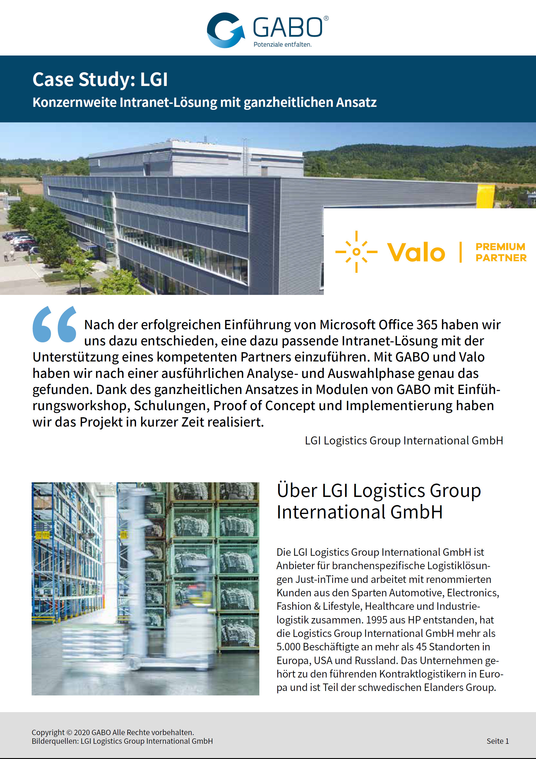 Ein Fallstudiendokument mit dem Titel „Case Study: LGI“ von GABO konzentriert sich auf eine Intranet-Lösung und beleuchtet die virtuelle Zusammenarbeit. Es zeigt die Logos von GABO und Valo sowie ein Gebäudefoto und Text über die LGI Logistics Group International GmbH.