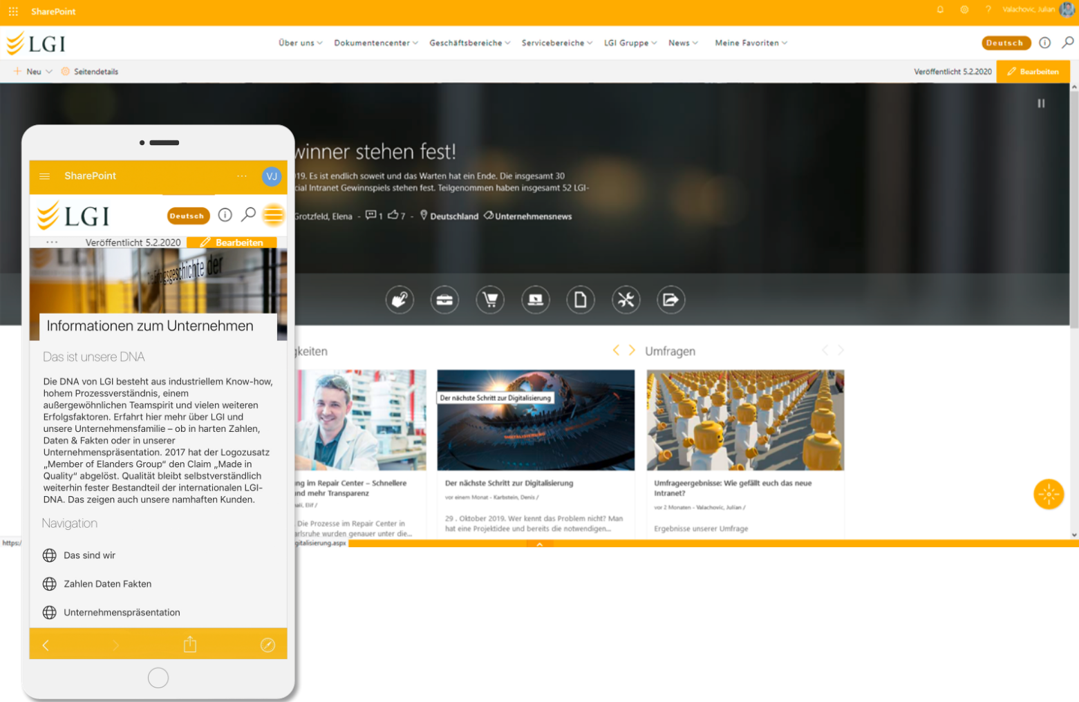Ein Screenshot, der eine Unternehmenswebsite und eine mobile App-Oberfläche in einem gelb-weißen Design zeigt. Er enthält Navigationsmenüs, das Gabo-Logo, eine Nachrichtenüberschrift und Symbole für verschiedene Abschnitte. Der mobile Bildschirm hebt den Text mit Unternehmensinformationen hervor und betont die virtuelle Zusammenarbeit, um das Team effektiv zu leiten.