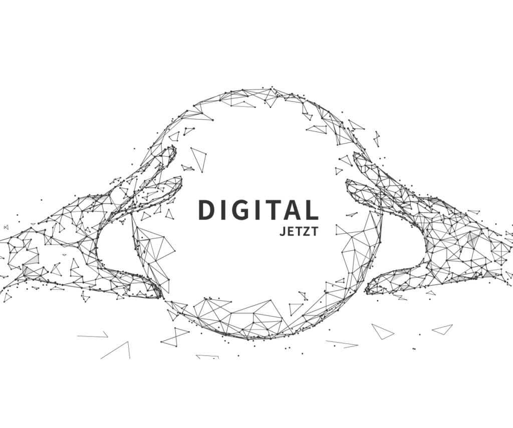 Zwei geometrische Hände im Wireframe-Stil strecken sich einer zentralen Kugel mit "DIGITAL JETZT" in der Mitte entgegen, alles vor einem schwarzen Hintergrund - eine auffällige Optik, die an Business Intelligence und moderne microsoft schulungen erinnert.