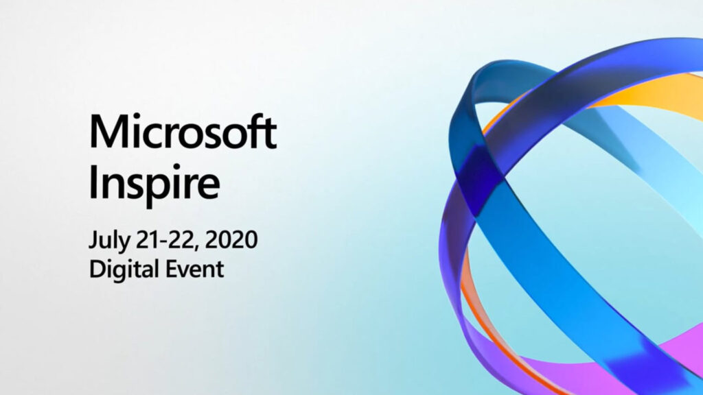 Veranstaltungsgrafik mit dem Text "Microsoft Inspire, July 21-22, 2020, Digital Event" auf hellem Hintergrund, mit einem bunten, verschlungenen bandartigen Design auf der rechten Seite, das Innovationen in Microsoft 365 und Business Intelligence hervorhebt.