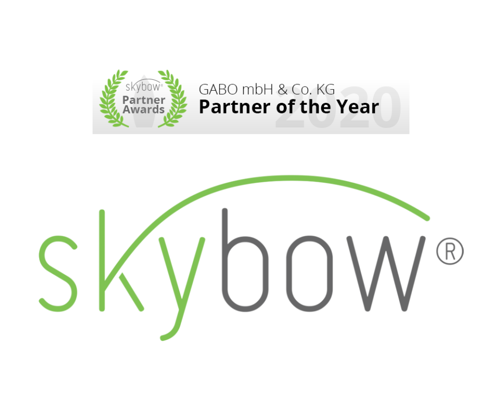 Logo für "skybow" in grüner und grauer Schrift. Darüber ein Banner mit der Aufschrift "skybow Partner Awards - GABO mbH & Co. KG Partner des Jahres 2020" mit einer Lorbeergrafik - eine Auszeichnung für herausragende Leistungen im Bereich Microsoft 365 und Intranet-Lösungen.