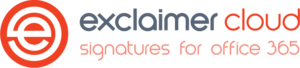 Das Logo von Exclaimer Cloud zeigt links ein stilisiertes „e“ in einem kreisförmigen Design, gefolgt von einem fettgedruckten Text mit der Aufschrift „Exclaimer Cloud“. Darunter stehen in kleinerer Schrift die Worte „Signatures for Office 365“, die eine nahtlose Integration mit BI-Software für erweiterte Business-Intelligence-Lösungen bieten.