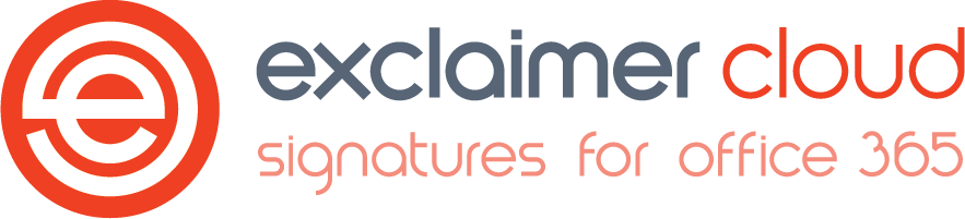 Das Logo von Exclaimer Cloud zeigt links ein stilisiertes „e“ in einem kreisförmigen Design, gefolgt von einem fettgedruckten Text mit der Aufschrift „Exclaimer Cloud“. Darunter stehen in kleinerer Schrift die Worte „Signatures for Office 365“, die eine nahtlose Integration mit BI-Software für erweiterte Business-Intelligence-Lösungen bieten.