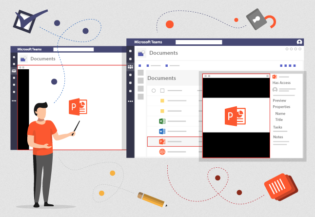 Abbildung, die zwei Microsoft Teams-Bildschirme mit Dokumentsymbolen zeigt. Links steht eine Person mit einem Zeiger, die die Ausstrahlung eines Business Intelligence-Beraters verkörpert. Bunte abstrakte Formen und Bürosymbole wie ein Bleistift und eine Büroklammer bereichern den Hintergrund und deuten auf die dynamische Integration von Power BI hin.