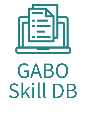Strichzeichnung eines Computers mit einem Dokument auf dem Bildschirm über dem Text „GABO Skill DB“ in Blaugrün, das die Fähigkeiten von GABO als Business Intelligence Berater darstellt.