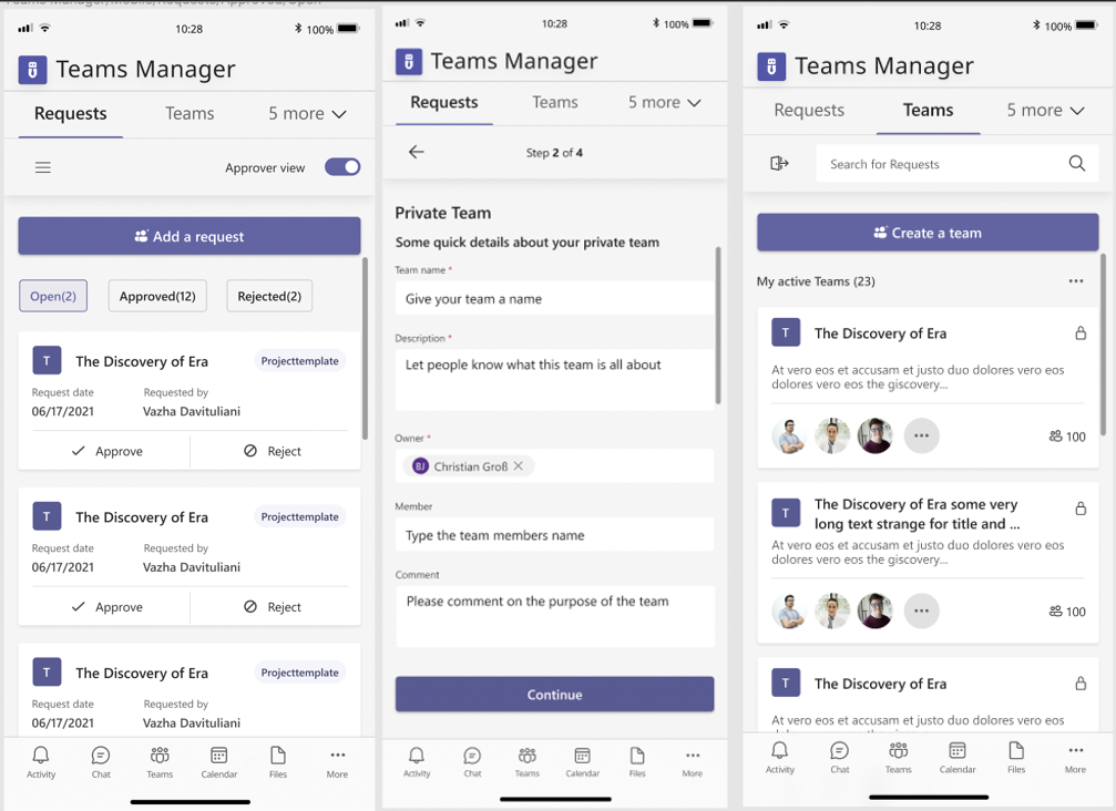 Eine mobile App-Schnittstelle für Teams Manager mit drei Abschnitten: Anfragen, Teamerstellung und Teamübersicht. Zu den Funktionen gehören die Genehmigung von Anfragen, die Eingabe von Teamdetails und die Interaktion mit Teammitgliedern – sowie die nahtlose Integration mit BI-Softwarelösungen wie Power BI für verbesserte Dateneinblicke.