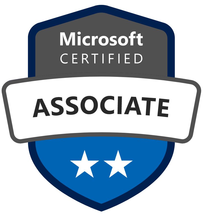 Abzeichen in einem dunkelgrauen und blauen Farbschema mit der Aufschrift „Microsoft Certified Associate“ und zwei weißen Sternen darunter, ideal für einen Business Intelligence-Berater, der auf Microsoft Power BI spezialisiert ist.