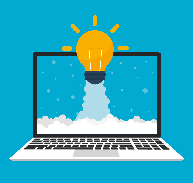 Eine Werbegrafik für ein Microsoft 365-Webinar mit einem Laptop, der eine Glühbirne wie eine Rakete abschießt, und deutschem Text über die einfache Erkennung, Bewertung und Verwaltung von Microsoft 365 Teams-Updates auf blauem Hintergrund.