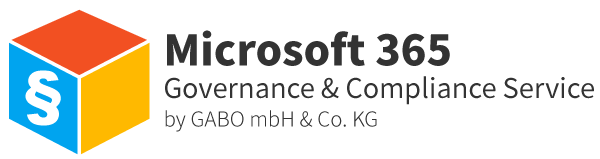 Logo des Microsoft 365 Governance & Compliance Service von GABO mbH & Co. KG, bestehend aus einem bunten Würfel mit einem weißen Absatzsymbol auf der blauen Seite, ähnlich der Visualisierung von BI-Software, und dem Firmennamen in grauer Schrift.