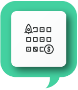 Ein Symbol mit einer Rakete, einem Raster aus Quadraten, einem Dollarzeichen in einem Kreis und einer Wiedergabetaste ist in eine abgerundete quadratische Sprechblase mit grünem Rand eingebettet – ein ideales Symbol für Business-Intelligence-Berater, die Softwarelösungen wie Power BI nutzen.