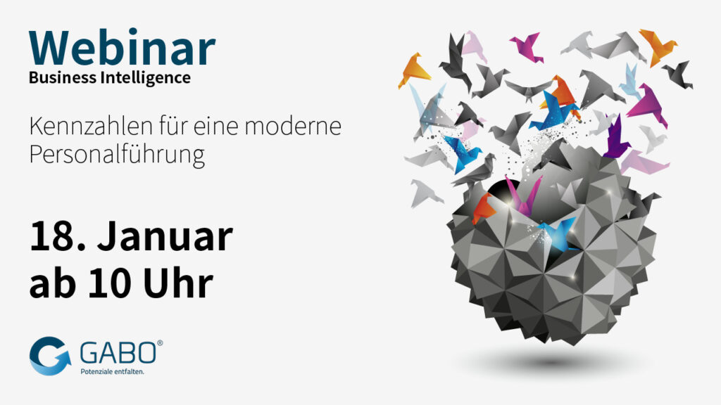 Digitaler Flyer für ein Webinar zum Thema "Kennzahlen für eine moderne Personalführung" mit Einblicken in Microsoft 365 Teams, 18. Januar ab 10 Uhr. Bunte Vögel fliegen aus einer geometrischen Kugel, GABO-Logo unten links.