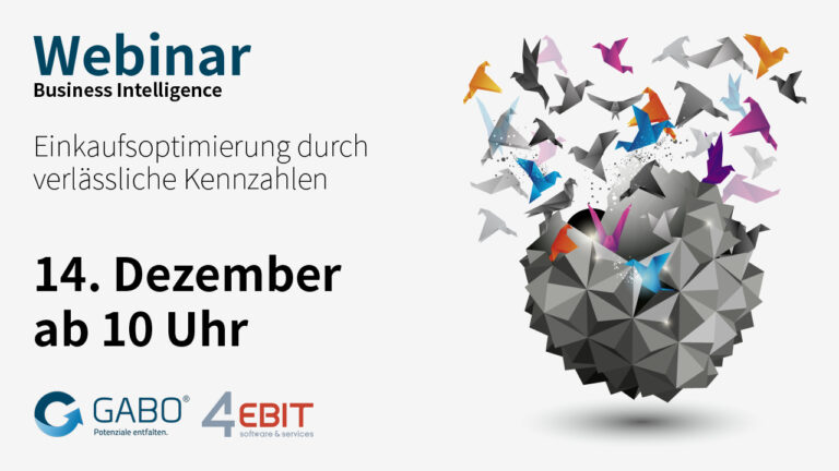Besuchen Sie unser Business Intelligence Webinar "Einkaufsoptimierung durch verlässliche Kennzahlen" am 14.12. um 10 Uhr und erfahren Sie, wie Microsoft Power BI Ihre Einkaufsprozesse optimiert. Mit GABO und 4EBIT - bunte Vögel fliegen aus einer geometrischen Sphäre!.