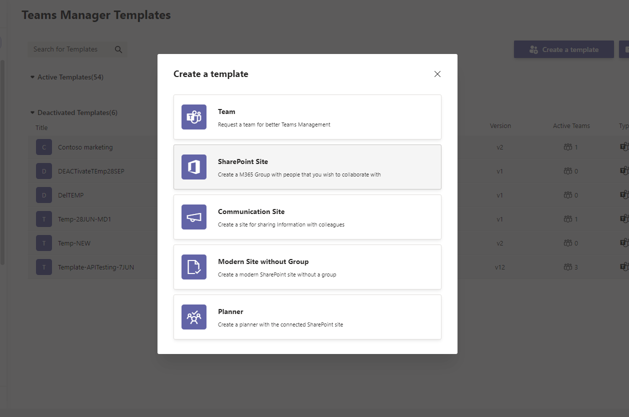 Der Screenshot zeigt eine Teams Manager Templates-Oberfläche, die sich auf effiziente Softwarelösungen konzentriert. Das Fenster „Vorlage erstellen“ zeigt Optionen: Team, SharePoint-Site, Kommunikationssite, moderne Site ohne Gruppe und Planer – unverzichtbare Tools für jeden Business Intelligence-Berater, der eine optimierte Zusammenarbeit anstrebt.