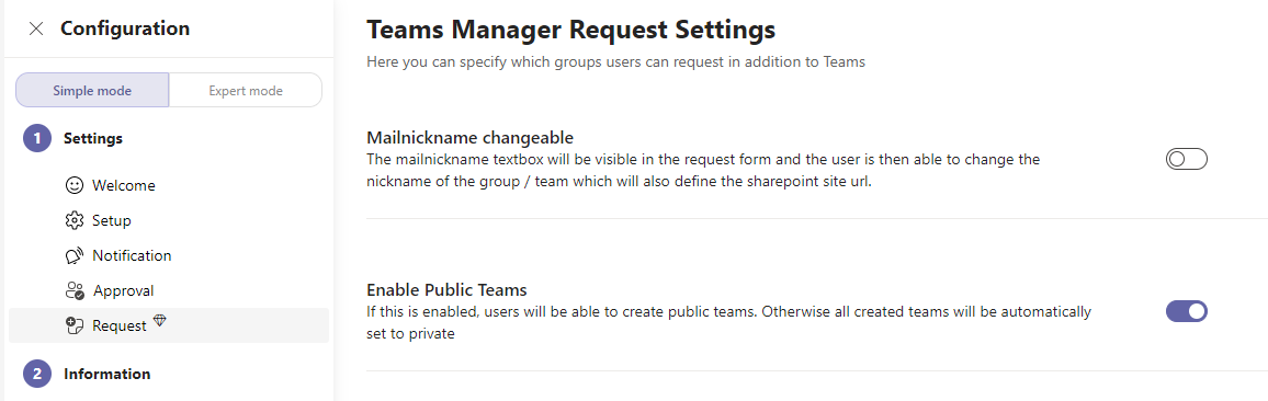 Screenshot der Konfigurationsseite „Teams Manager-Anforderungseinstellungen“ in einer Softwareschnittstelle. Sie zeigt Optionen zum Ändern von Spitznamen und zum Aktivieren öffentlicher Teams mit Umschaltflächen zum Anpassen der Einstellungen – nahtlose Integration mit BI-Software wie Microsoft Power BI.