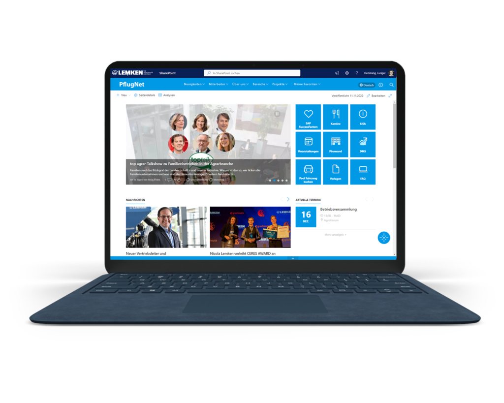 Ein Laptop zeigt die LEMKEN PlugNet-Intranet-Homepage mit Nachrichtenartikeln, Mitarbeiterfotos, Navigationsmenüs und Schnellzugriffssymbolen für Tools wie Business Intelligence und Microsoft Power BI auf einem weißen Hintergrund an.
