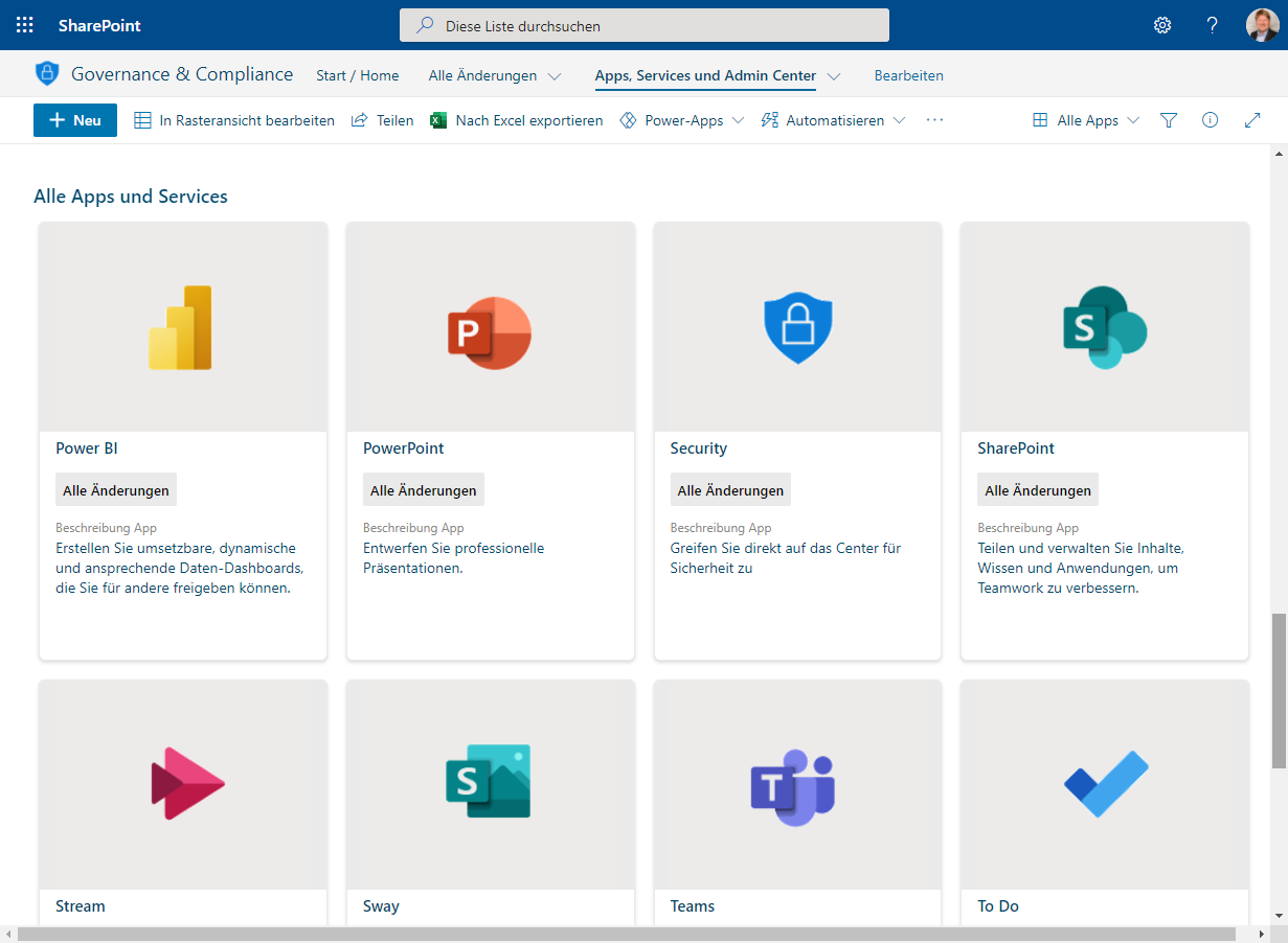 Übersichtliche Darstellung Governance & Compliance Service Portal