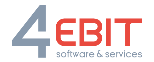 Das Logo von 4EBIT Software & Services zeigt eine graue „4“ und das Wort „EBIT“ in Rot, mit „Software & Services“ in kleinerem grauen Text darunter, was die Synergie mit Power BI-Lösungen widerspiegelt.