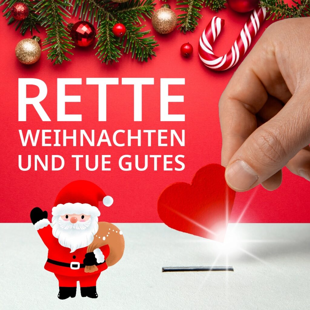 Ein festliches Bild mit Weihnachtsschmuck, einer Zuckerstange und Tannenzweigen auf einem roten Hintergrund. Eine Hand hält ein rotes Papierherz über einem glühenden Streichholz. Der Text lautet: "Rette Weihnachten und tue Gutes." Microsoft Intranet erscheint unauffällig in der Ecke.