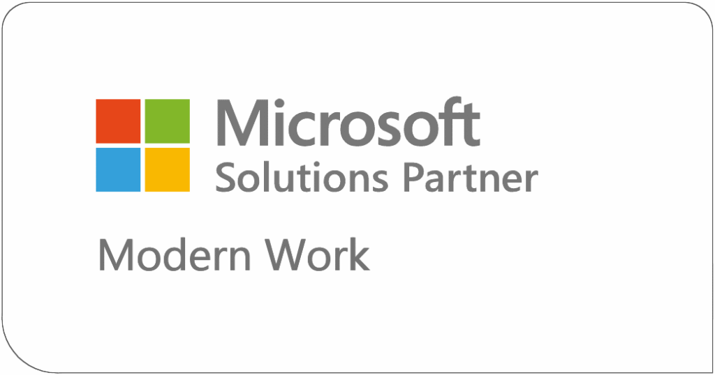 Microsoft Solutions Partner "Modern Work"-Badge mit dem Microsoft-Logo und vier farbigen Quadraten, die die Expertise in Microsoft 365 Teams und Microsoft Schulungen hervorheben, dargestellt auf einem weißen Hintergrund mit abgerundeten Ecken.