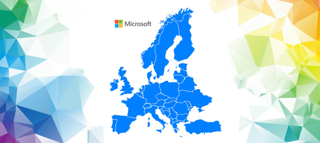 Eine blaue Europakarte mit Ländergrenzen ist auf weißem Hintergrund zentriert, darüber befindet sich das Microsoft-Logo. Die Ränder sind mit bunten, geometrischen Polygonmustern verziert, die die Themen Microsoft Intranet und Business Intelligence hervorheben.