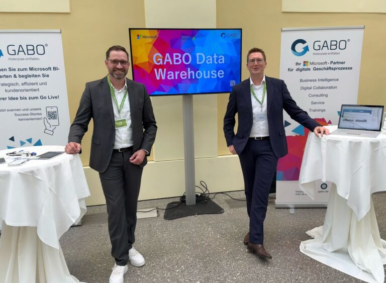 Zwei Männer in Business-Kleidung stehen an hohen Tischen auf einem Stand von GABO Data Warehouse. Firmenbanner und ein Bildschirm verweisen auf Microsoft-365-Lösungen wie Teams und Intranet, während ein Mann mit zusammengelegten Händen steht und der andere einen Arm auf einen Tisch mit einem Laptop stützt.