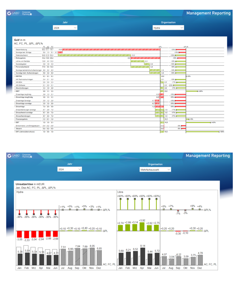 Zwei Screenshots von betriebswirtschaftlichen Berichten mit farbigen Balkendiagrammen und Tabellen, die Finanzdaten für das Jahr 2024 zeigen, einschließlich monatlicher Umsätze, Gewinne/Verluste und verschiedener Leistungsindikatoren. Die Benutzeroberfläche ist in deutscher Sprache.