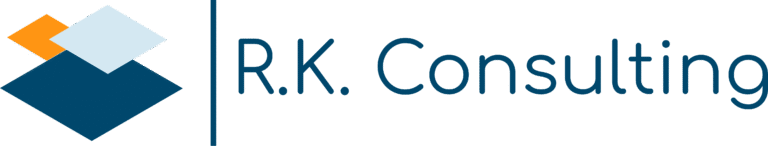 Logo für R.K. Consulting mit drei sich überlappenden Rauten - marineblau, hellblau und orange - neben dem Firmennamen "R.K. Consulting" in blauem, abgerundetem Text auf hellem Hintergrund, der die Expertise in Microsoft 365 und microsoft schulungen hervorhebt.
