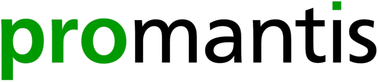 Das Wort "promantis" in Kleinbuchstaben, "pro" in grün und "mantis" in schwarz, alles in einer fetten, modernen Schrift auf weißem Hintergrund - ein ideales Branding für Business Intelligence- oder Microsoft Intranet-Lösungen.