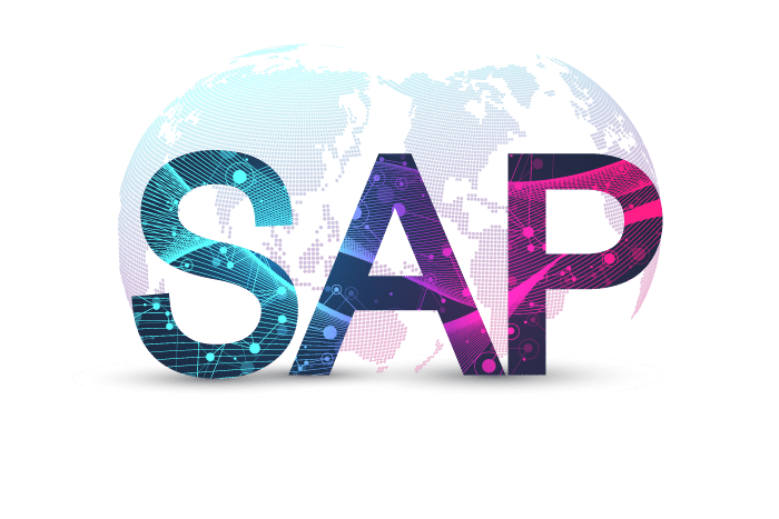 Große, stilisierte Buchstaben "SAP" mit digitalen Schaltkreismustern, die den Text überlagern. Im Hintergrund ist eine hellblaue und violette Weltkarte zu sehen, die an die Microsoft Power BI-Integration erinnert, vor einem sauberen weißen Hintergrund.