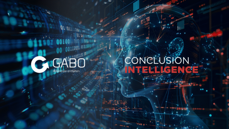 Eine digitale Illustration zeigt den Umriss eines menschlichen Kopfes mit Schaltkreisen und Datenmustern, das GABO-Logo auf der linken Seite und den Schriftzug "CONCLUSION INTELLIGENCE" auf der rechten Seite, der die Themen Technologie und künstliche Intelligenz hervorhebt.