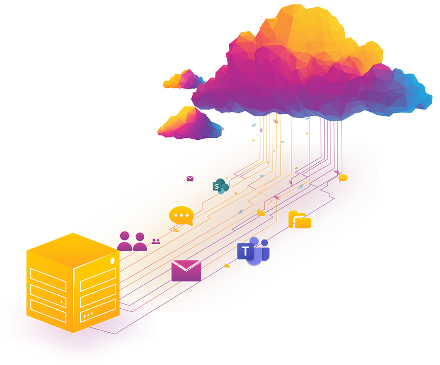 Illustration eines Servers, der durch Linien mit einer bunten Wolke verbunden ist, mit Symbolen für Benutzer, Chat, E-Mail, Ordner, SharePoint und Teams, die Cloud Computing und Datenfreigabe darstellen.