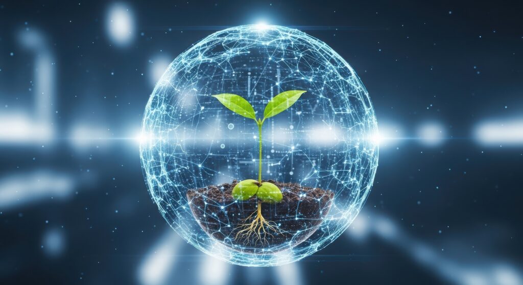 Eine junge grüne Pflanze mit sichtbaren Wurzeln wächst aus der Erde, umgeben von einer leuchtenden digitalen Kugel aus miteinander verbundenen Linien und Knotenpunkten, die Technologie, Nachhaltigkeit und den Innovationsgeist von Über uns symbolisieren.