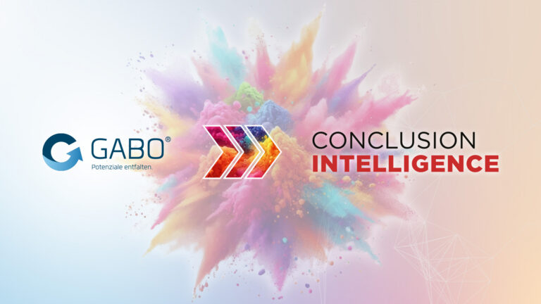 Die Logos von GABO und Conclusion Intelligence vor dem Hintergrund einer farbenfrohen Pulverexplosion, mit markanten Pfeilen, die nach rechts zeigen.