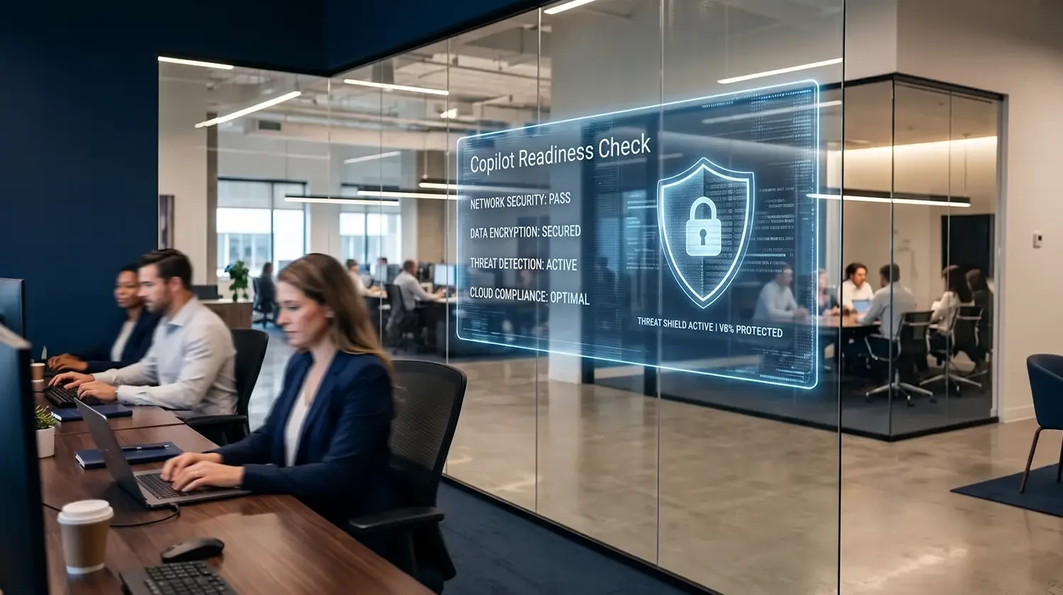 Büroangestellte an Schreibtischen mit Computern; auf einer Glaswand ist ein digitaler Bildschirm zu sehen, auf dem „Copilot Readiness Check“ zu lesen ist, zusammen mit Sicherheitsstatusangaben und einem Schildsymbol mit einem Schloss. Moderne, hochtechnologische Arbeitsumgebung.